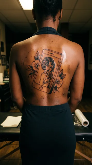 Black and grey traditional woman tattoo on a woman's spine