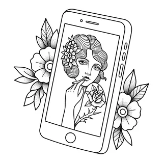 Black and grey traditional woman tattoo design, drawn flat for a spine tattoo