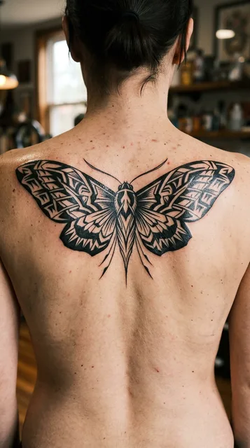 Moth tattoo on the spine