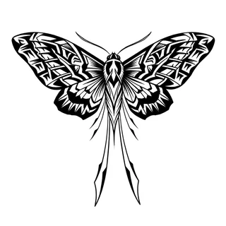 Black and white tribal moth tattoo design, drawn flat for a spine tattoo