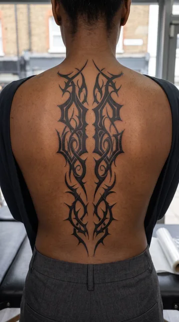 Black and white tribal ornament tattoo on a woman's spine