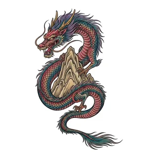 Color illustrative dragon tattoo design, drawn flat for a spine tattoo