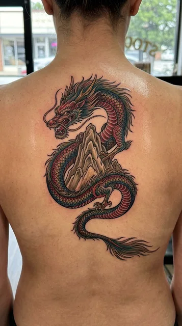 Color illustrative dragon tattoo on a woman's spine
