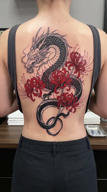 Color Japanese dragon tattoo on a woman's spine
