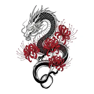 Color Japanese dragon tattoo design, drawn flat for a spine tattoo
