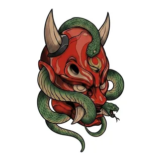 Color Japanese mask tattoo design, drawn flat for a spine tattoo