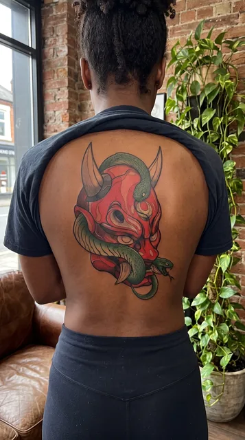 mask tattoo on the spine
