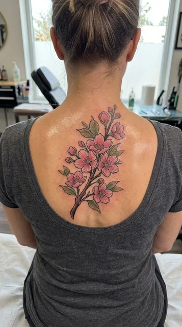Color neo traditional cherry blossom tattoo on a woman's spine