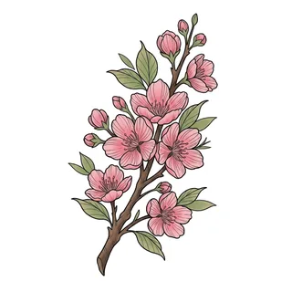 Color neo traditional cherry blossom tattoo design, drawn flat for a spine tattoo