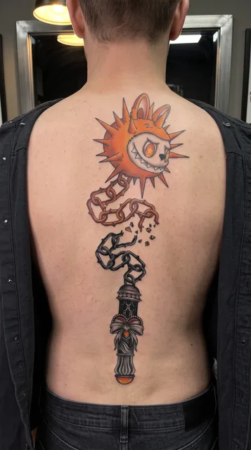 Color neo traditional flail tattoo on a man's spine