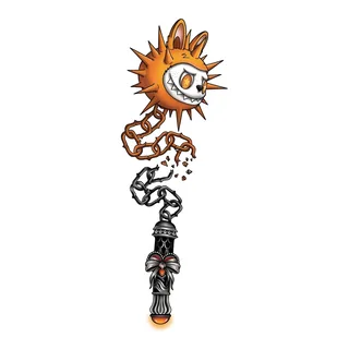 Color neo traditional flail tattoo design, drawn flat for a spine tattoo