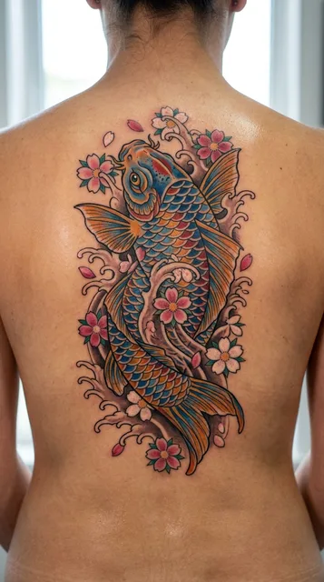 Color neo traditional koi fish tattoo on a woman's spine