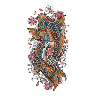 Color neo traditional koi fish tattoo design, drawn flat for a spine tattoo