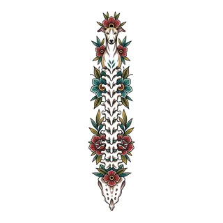 Color neo traditional tattoo design, drawn flat for a spine tattoo