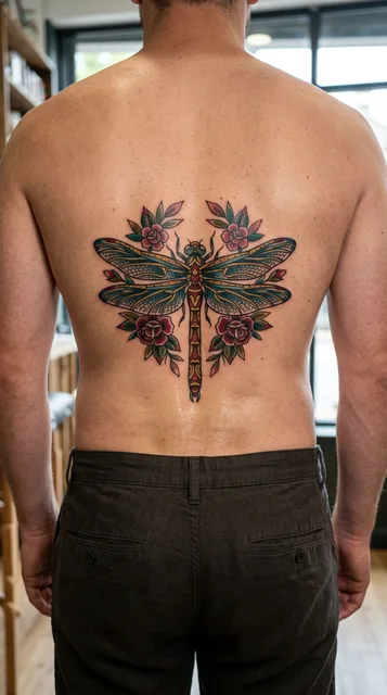 Dragonfly tattoo on the spine