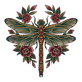 Color traditional dragonfly tattoo design, drawn flat for a spine tattoo