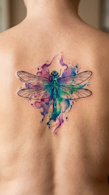 Color watercolor dragonfly tattoo on a woman's spine