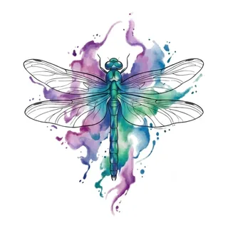 Color watercolor dragonfly tattoo design, drawn flat for a spine tattoo