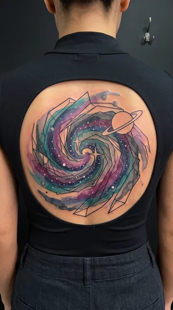 Color watercolor galaxy tattoo on a woman's spine