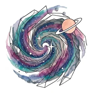 Color watercolor galaxy tattoo design, drawn flat for a spine tattoo