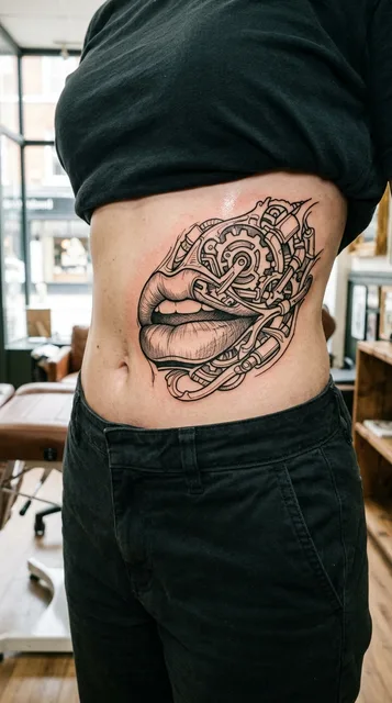 Black and grey biomechanical lips tattoo on a woman's stomach