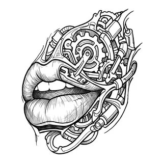 Black and grey biomechanical lips tattoo design, drawn flat for a stomach tattoo