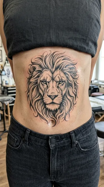 Lion tattoo on the stomach