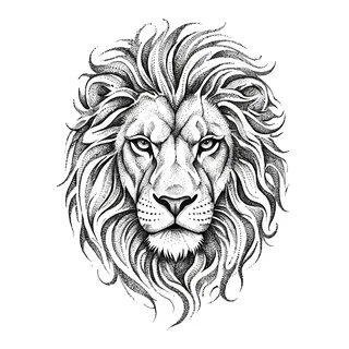 Black and grey dotwork lion tattoo design, drawn flat for a stomach tattoo