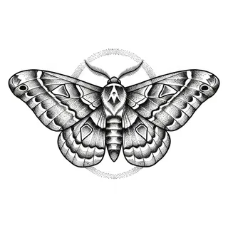 Black and grey dotwork moth tattoo design, drawn flat for a stomach tattoo