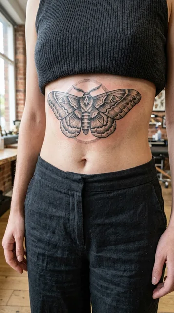 Moth tattoo on the stomach