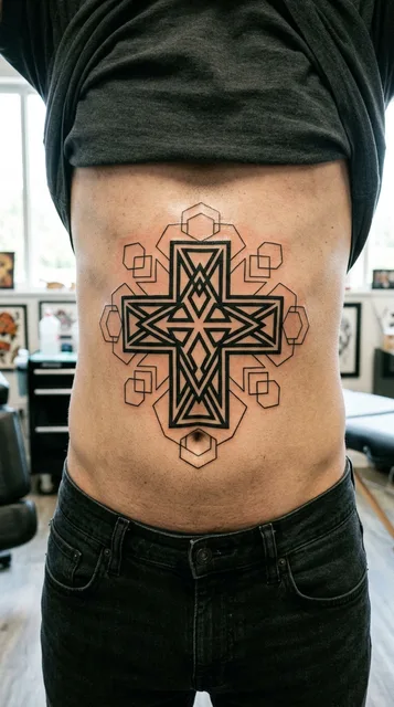Black and white geometric cross tattoo on a man's stomach