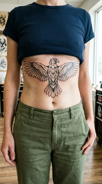 Black and white geometric eagle tattoo on a woman's stomach