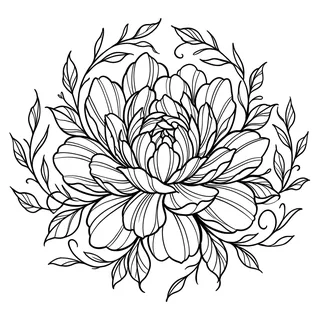 Black and grey illustrative flower tattoo design, drawn flat for a stomach tattoo