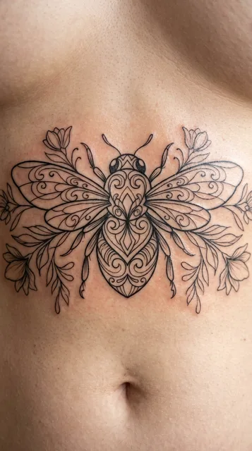 Black and grey ornamental bee tattoo on a woman's stomach