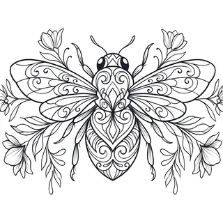 Black and grey ornamental bee tattoo design, drawn flat for a stomach tattoo
