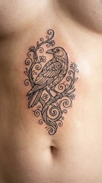 Black and grey ornamental raven tattoo on a woman's stomach