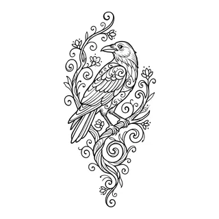 Black and grey ornamental raven tattoo design, drawn flat for a stomach tattoo