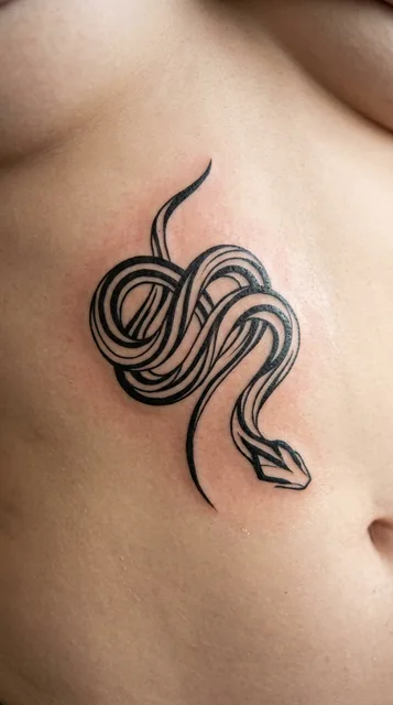 Black and white tribal snake tattoo on a woman's stomach