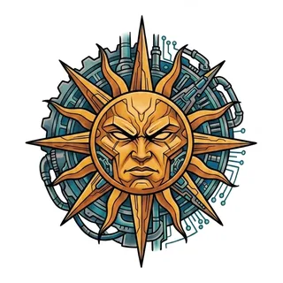 Color biomechanical sun tattoo design, drawn flat for a stomach tattoo