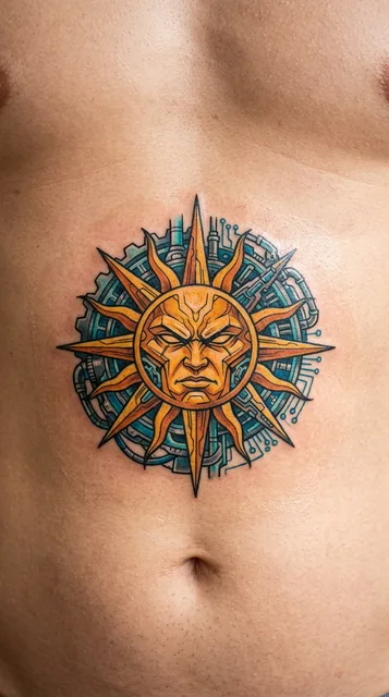 Sun tattoo on the stomach