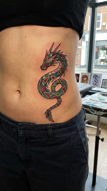 Color geometric dragon tattoo on a woman's stomach