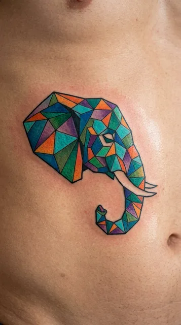 Color geometric elephant tattoo on a man's stomach
