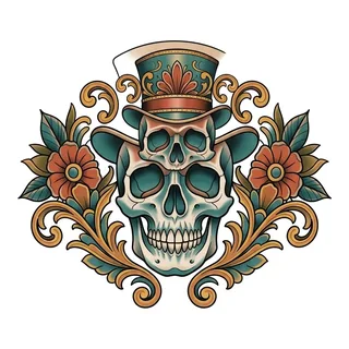 Color illustrative tattoo design, drawn flat for a stomach tattoo