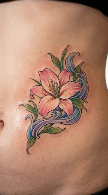Color Japanese lily tattoo on a man's stomach