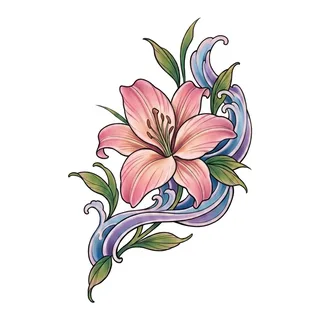 Color Japanese lily tattoo design, drawn flat for a stomach tattoo