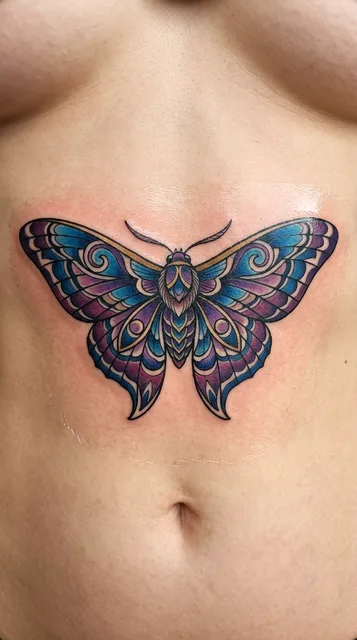 Color neo traditional butterfly tattoo on a woman's stomach