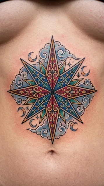 Color neo traditional compass rose tattoo on a woman's stomach