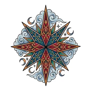 Color neo traditional compass rose tattoo design, drawn flat for a stomach tattoo