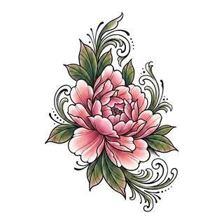 Color neo traditional peony tattoo design, drawn flat for a stomach tattoo