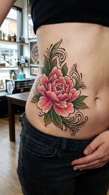 Peony tattoo on the stomach